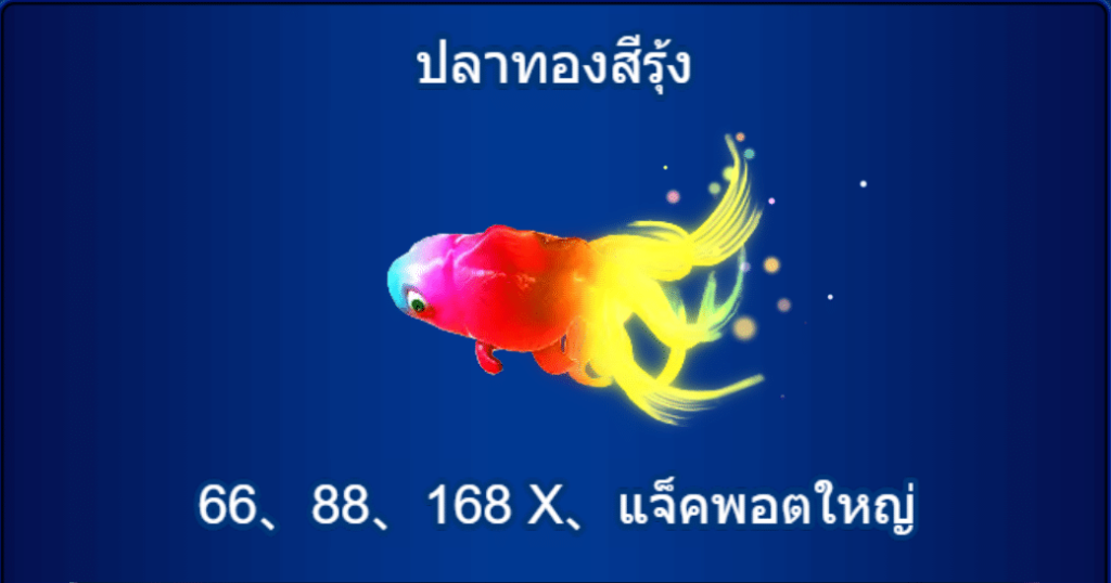 ปลาทองสีรุ้งจะมีอัตราการจ่ายอยู่ที่ 66 ,88 ,168X และยังมีลุ้นแจ็คพอตใหญ่ที่ทางเราไม่ขอเฉลยอยากให้เพื่อนๆไปลองกันเองดีกว่า 555!! แต่รับรองว่าคุ้มค่ากับการเล็งแล้วยิงเจ้าปลาตัวนี้มาก